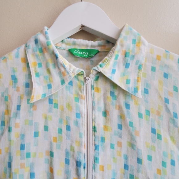 Vintage mint blue yellow short sleeve top half zip, small - Picture 3 of 7